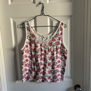 Vanity Fair White Tank with Pink Rose Floral Print and Lace